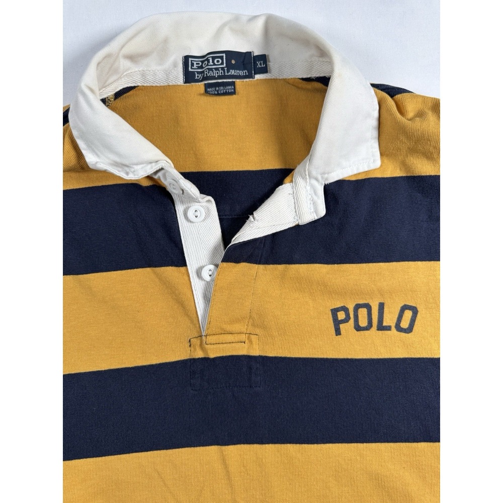 Vintage 90s Polo Ralph Lauren Rugby Shirt XL Navy Gold Stripe Spellout LS